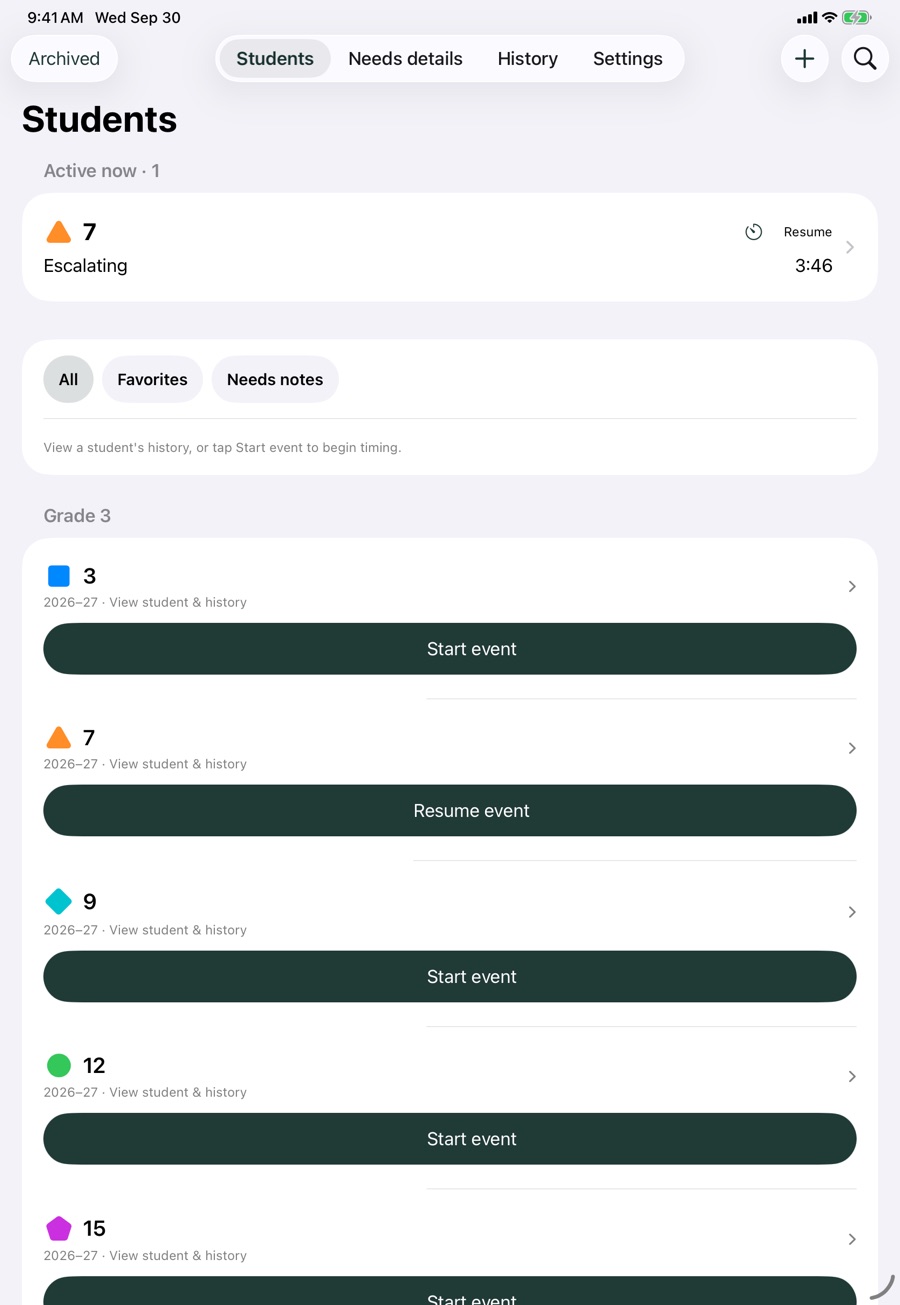 The iPad app’s Students list: student 7’s session is active, and every student is shown by number and a color-and-shape badge.