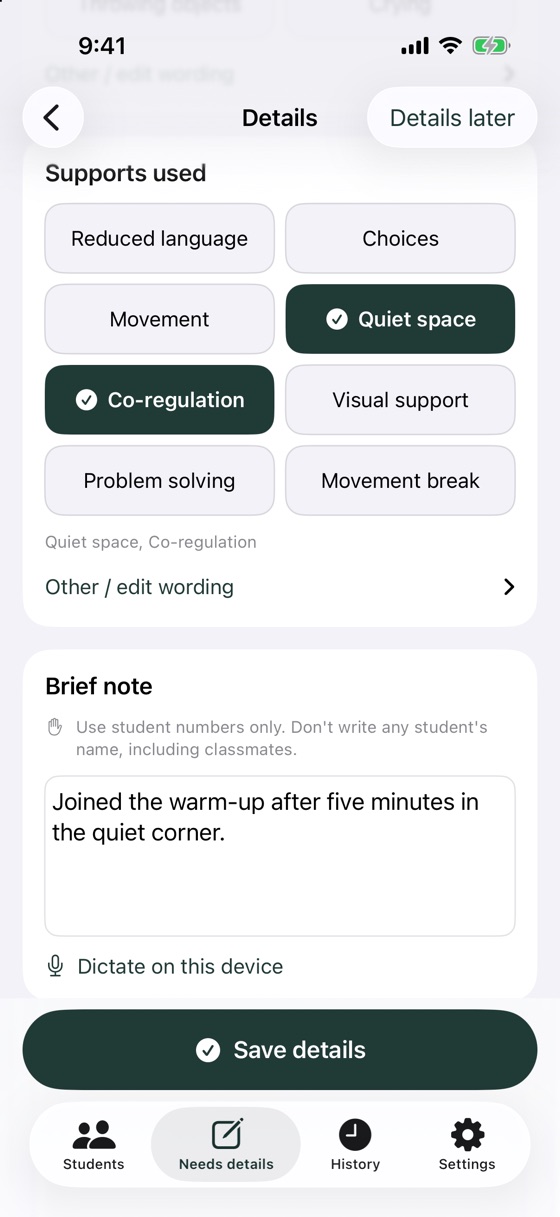 The details sheet after a session: support choices, a brief note and a button to dictate on this device.