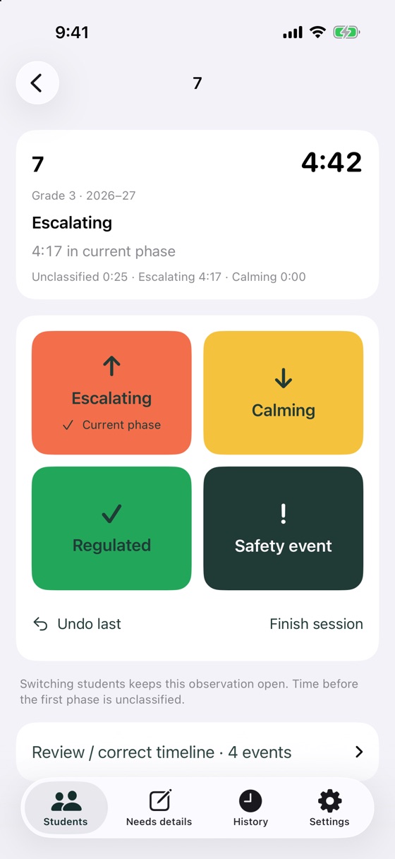 The iPhone app during a live session for student 7: a running timer and large Escalating, Calming, Regulated and Safety event buttons, with Undo last.